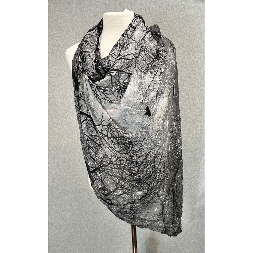 Blue Pacific Large Wrap Scarf Gray Black Cashmere Silk Forest Starry Night Bird